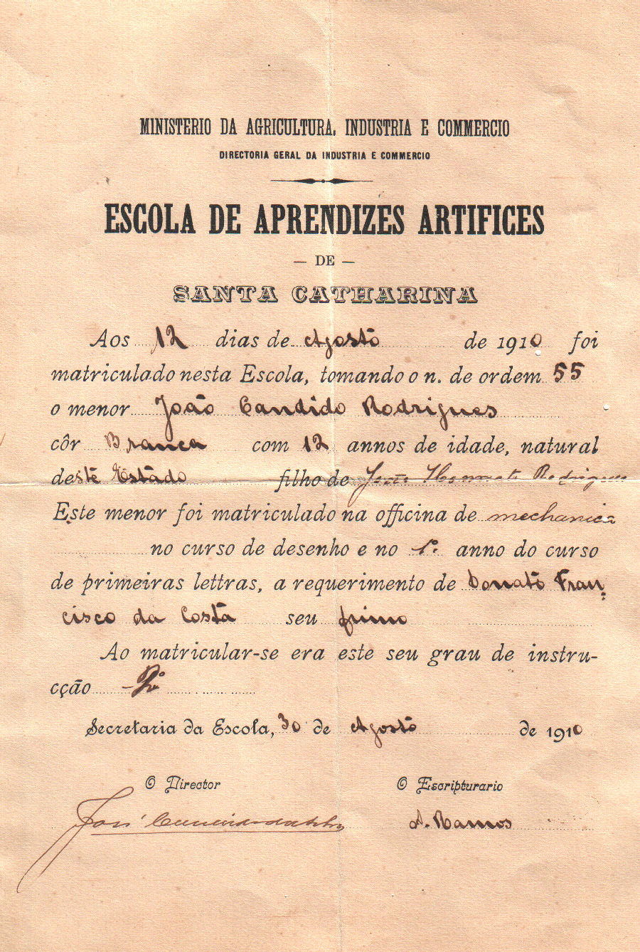 Foto 2 - Matrícula de João Cândido Rodrigues